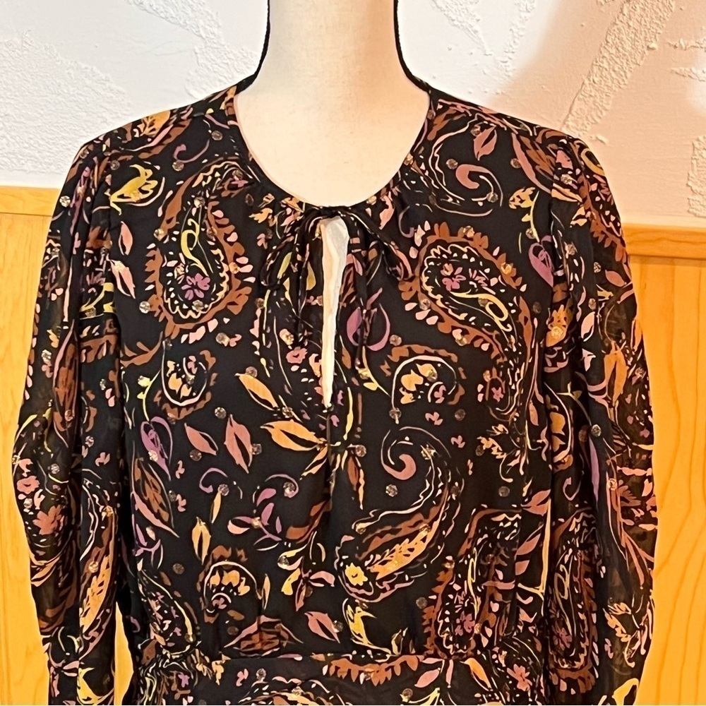 Aqua Metallic Dot Paisley Print Mini Dress Sz-XL - Picture 2 of 9